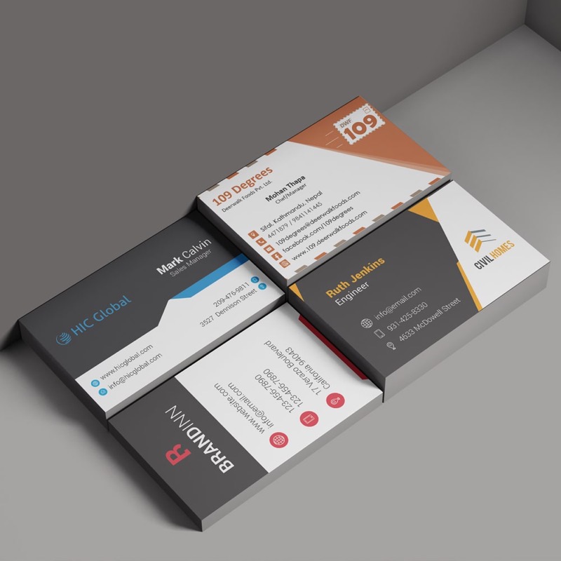 Stack of business card designs for 109 Degrees, HIC Global, Civil Homes and Brand Inn