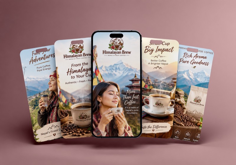 Instagram story designs for Himalayan Brew Nepali coffee featuring Himalayan mountain scenery