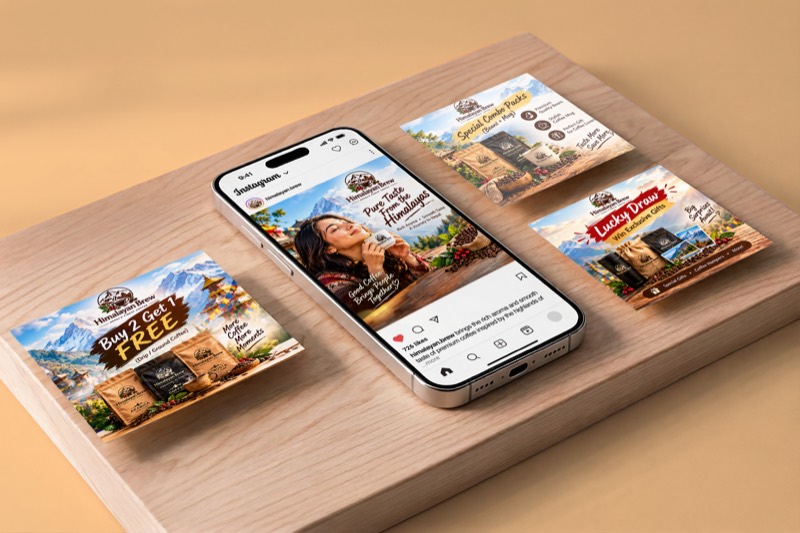 Himalayan Brew coffee social media post designs with an Instagram feed mockup on a phone