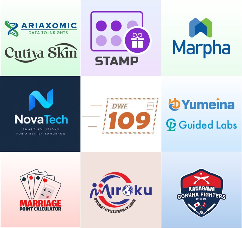 Collection of logo designs including Marpha, NovaTech, Yumeina, Guided Labs, Miroku and Kanagawa Gorkha Fighters