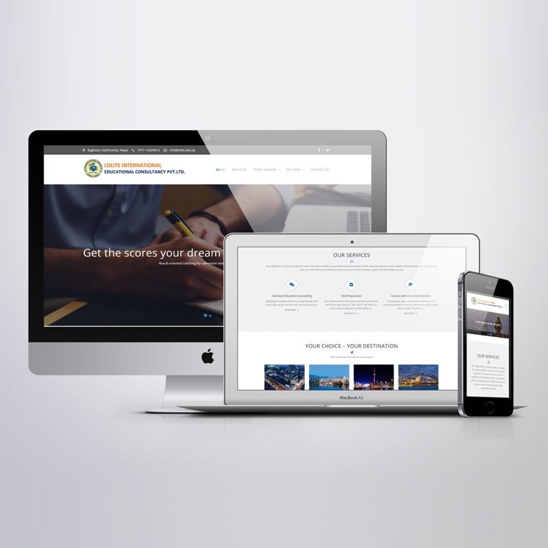 Lolite International Educational Consultancy WordPress website shown responsive on iMac, MacBook and iPhone