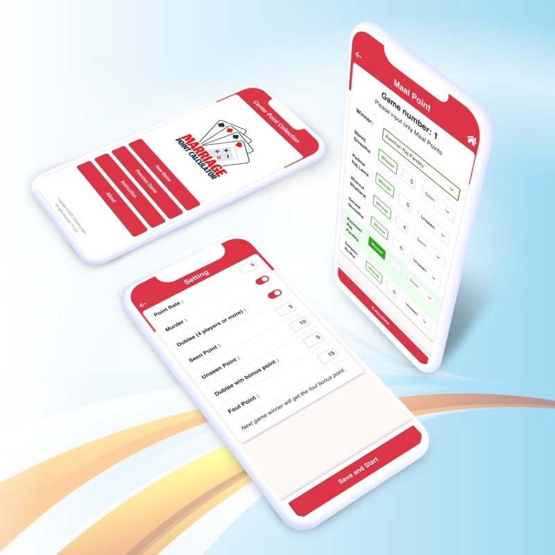 Marriage Point Calculator app UI on three phones: home menu, game settings and Maal point entry screens